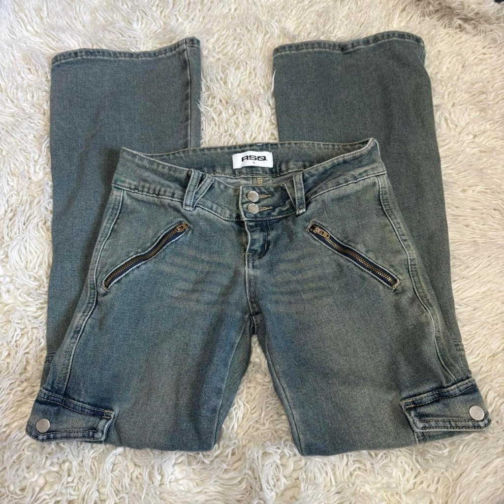 Rsq Y2k Style Blue Denim Lowrise Bootcut Cargo Jeans